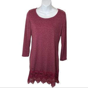 Miyang Burgundy Tunic Top with Lace Hem Women's Size Small